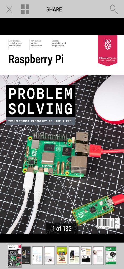 Raspberry Pi Official Magazine - Digital cover of the Raspberry Pi Official Magazine featuring a problem solving guide and hardware on a workbench.