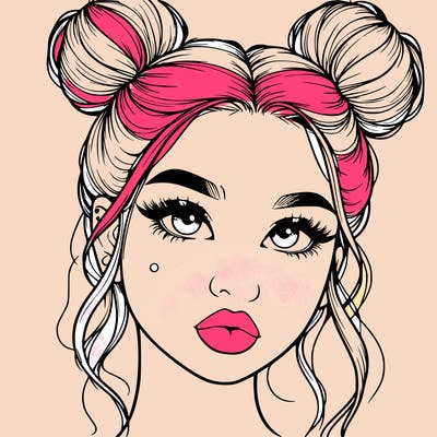 realistic girl with two buns on her hair and lips