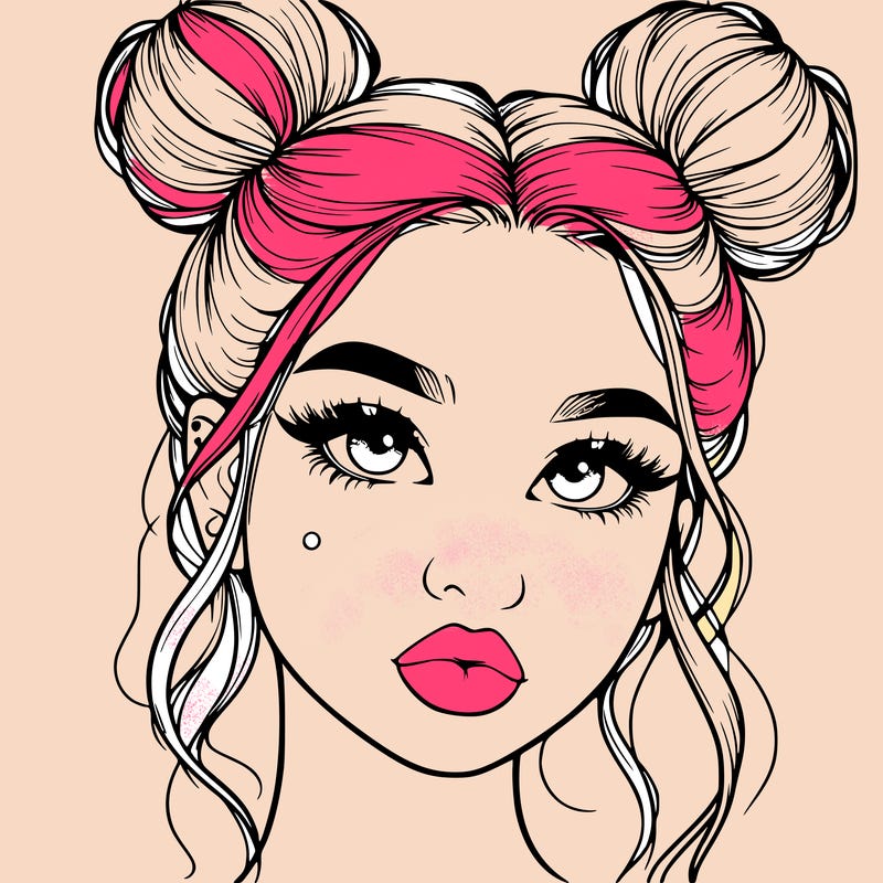 realistic girl with two buns on her hair and lips