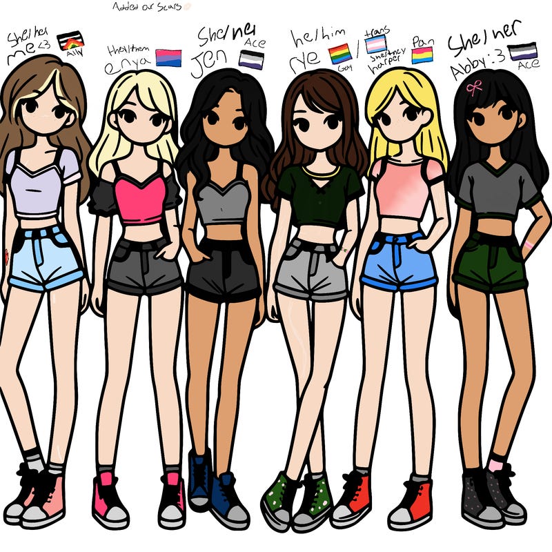 a group of girls wearing crop tops and shorts
