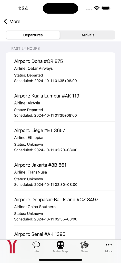 Guangzhou Subway Map - Airport departure schedule screen in the Guangzhou Subway Map app showing flight times and airline information.