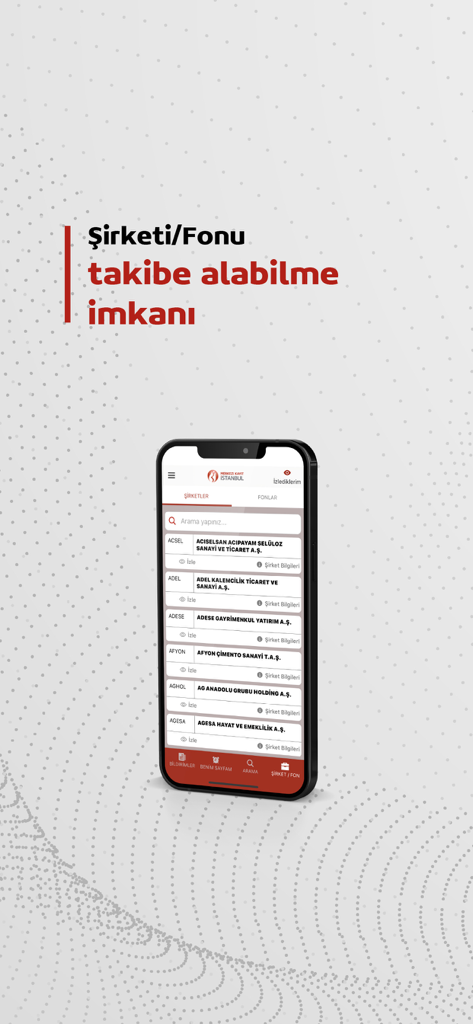 KAP Mobil - A smartphone displaying the KAP Mobil app interface with a list of Turkish companies and the option to follow them for stock market updates.