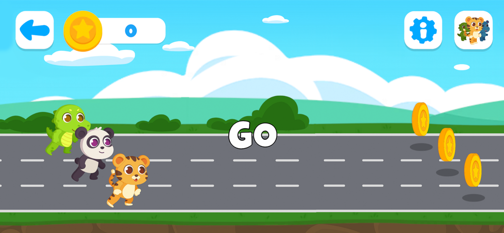 Joyville: Kids Learning Games - Tigre, panda y dinosaurio de dibujos animados compitiendo en una carretera para recoger monedas en Joyville.
