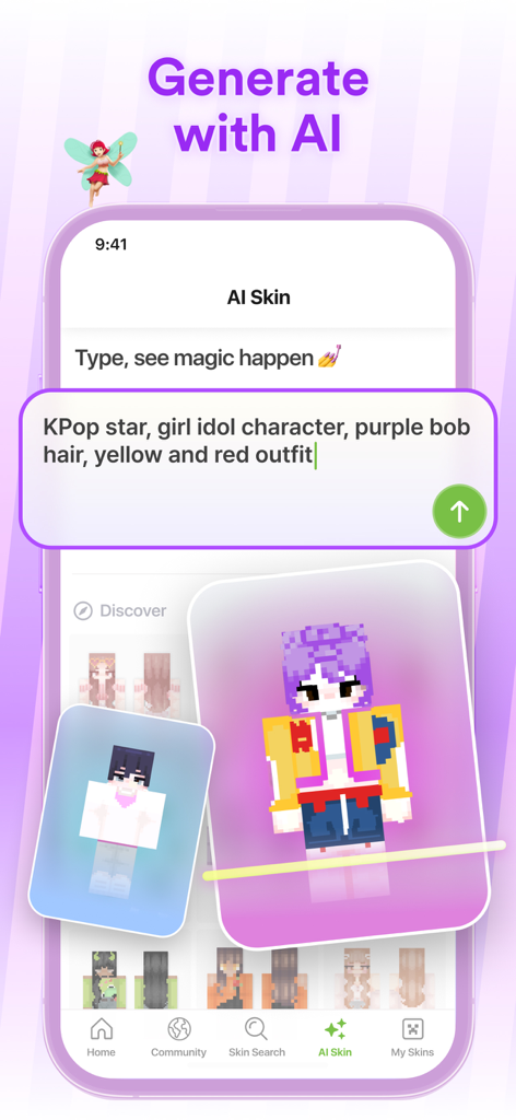 Skinseed AI tool generating a custom Minecraft skin from a text description