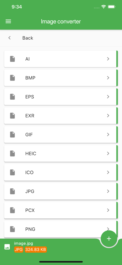 List of available image output formats like AI BMP and JPG in the File Converter app