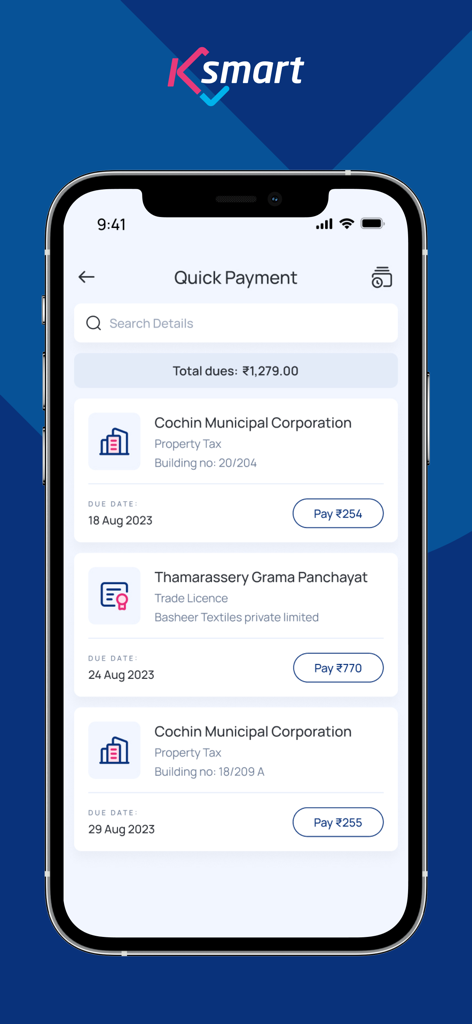 Mobile interface of KSMART app showing quick payment options for Kerala property tax and trade licenses