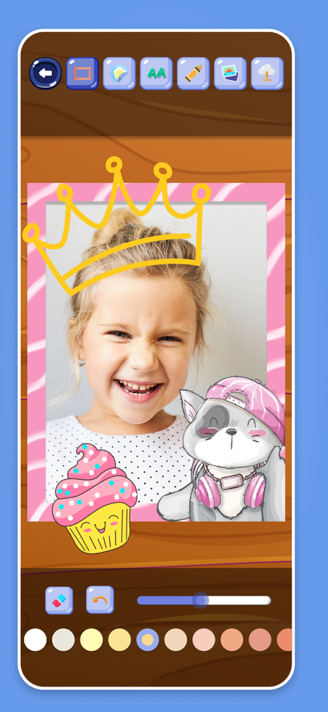 Children's Photo Frames - Interface of the Children's Photo Frames app showing a decorated photo of a girl with stickers and drawing tools