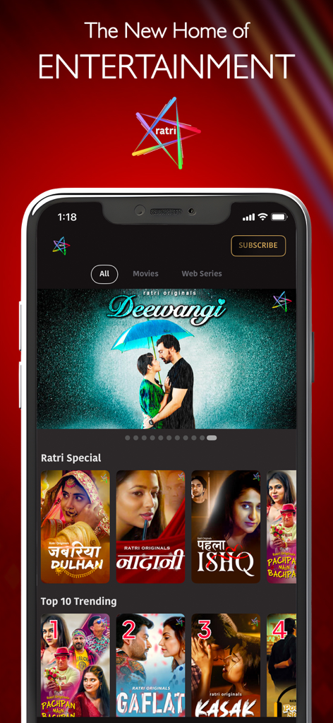 Ratri - Ratri app interface featuring trending Indian movies and web series