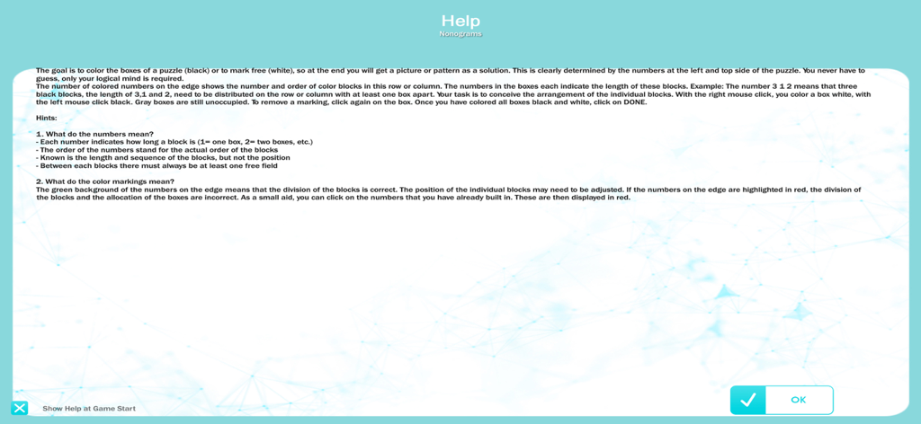 Brain Jogging XXL - Help screen providing detailed instructions for Nonogram puzzles in the Brain Jogging XXL app