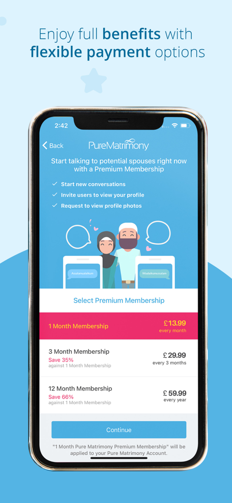 Pure Matrimony - Pure Matrimony app premium membership screen showing subscription plans and benefits for practicing Muslims.