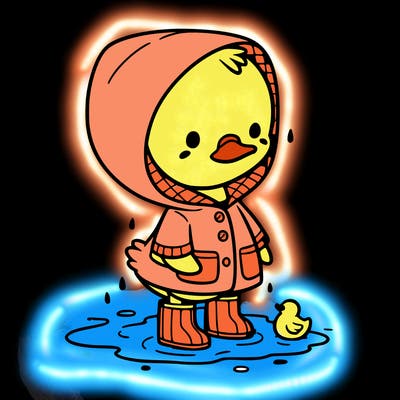 baby duck in a rain coat and boots, in a puddle while it’s raining