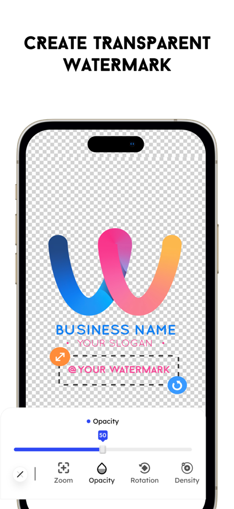 Logo Maker & Generator - Interfaz de aplicación móvil mostrando un logo colorido sobre un fondo transparente con herramientas de edición de marcas de agua para opacidad y rotación.