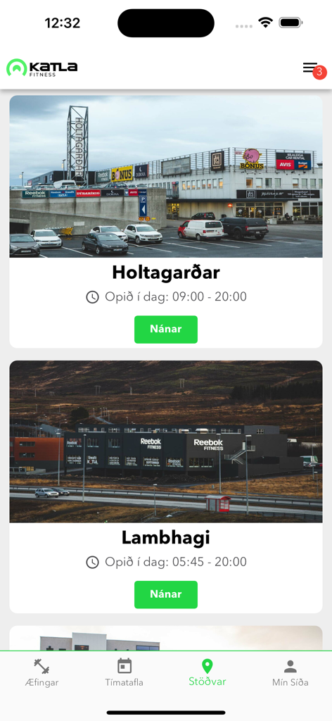 Katla Fitness - Katla Fitness app screen showing a list of gym locations like Holtagardar and Lambhagi with their opening hours