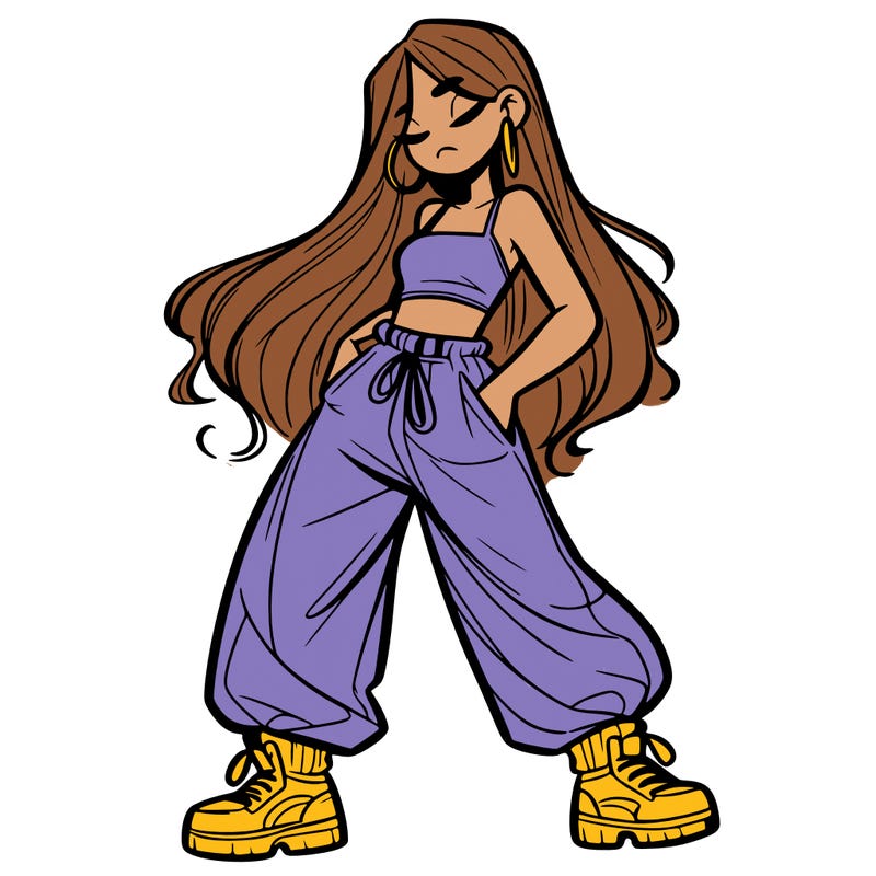 girl in baggy pants crop top and long hair