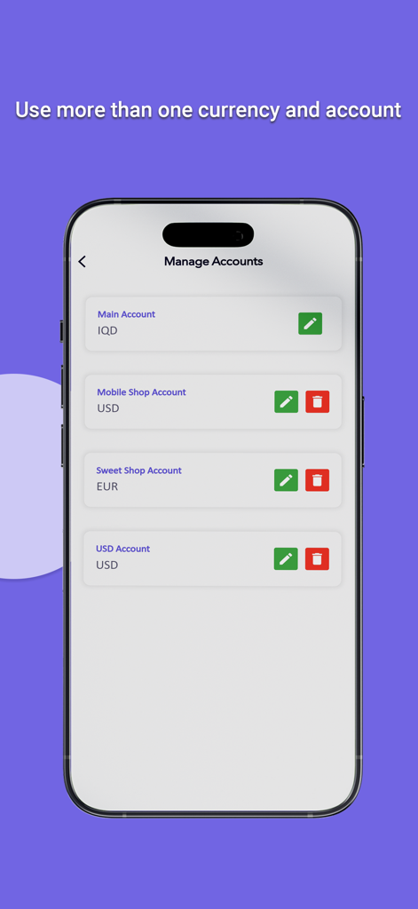 Wise Sale App-Bildschirm zur Verwaltung mehrerer Geschäftskonten in verschiedenen Währungen wie USD, EUR und IQD
