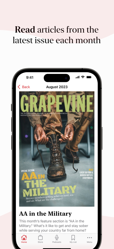 AA Grapevine - Screenshot of the AA Grapevine app displaying the August 2023 magazine issue titled AA in the Military