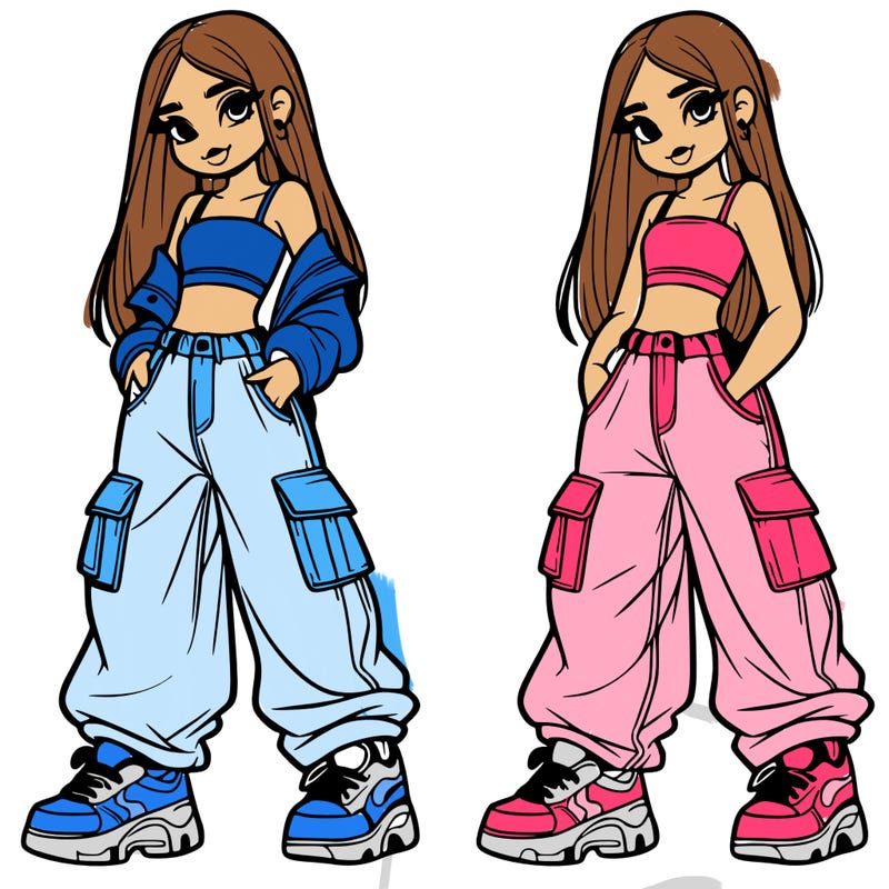 girl with baggy jeans and crop top with long hair and nike shoes