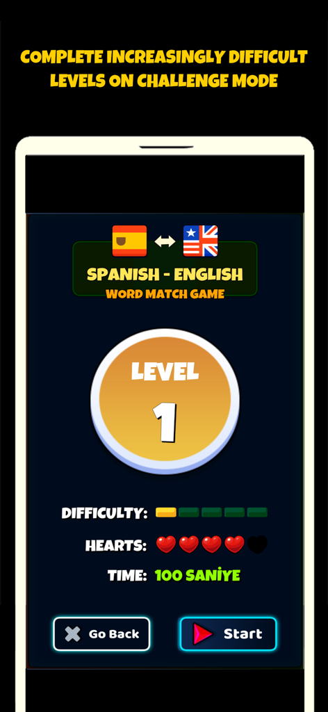 Spanish and English word match game challenge mode screen for level one showing difficulty and hearts