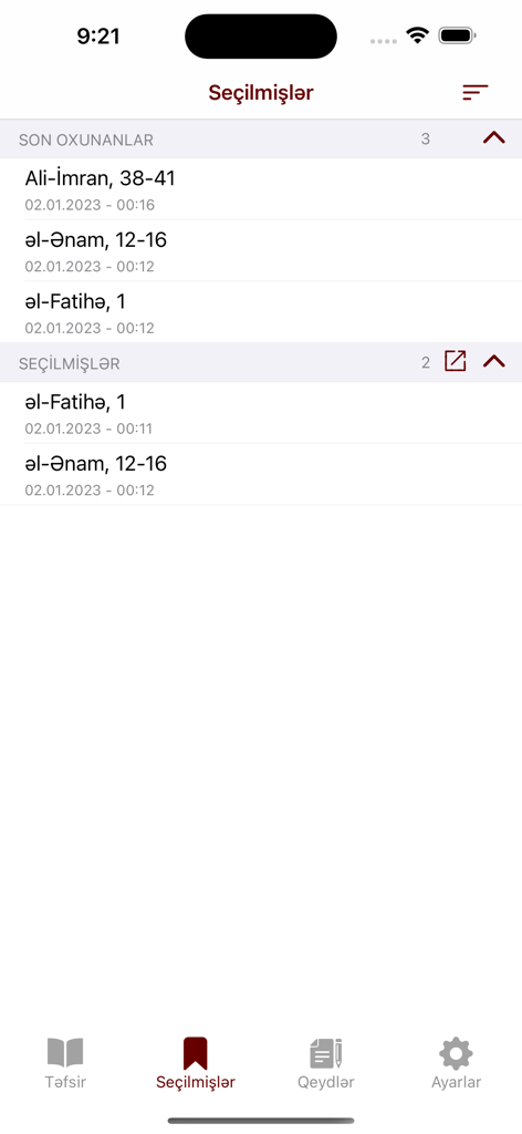 Quran Təfsiri - İbn Kəsir - 아제르바이잔어 꾸란 타프시리 이븐 케시르 모바일 앱의 최근 읽은 항목 및 즐겨찾기에 추가된 구절을 보여주는 즐겨찾기 화면