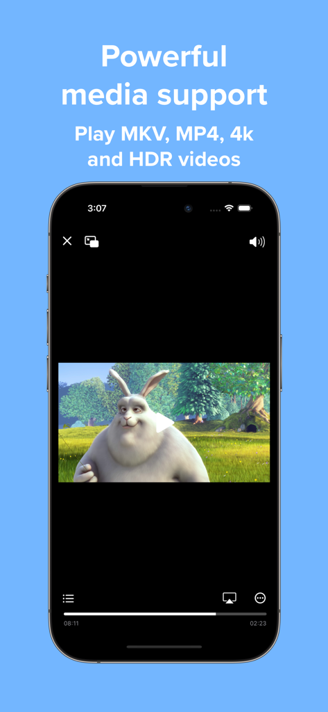 Video Player - PIP and more - Pantalla del iPhone mostrando la aplicación Video Player reproduciendo un video 4K HDR con soporte para formatos MKV y MP4