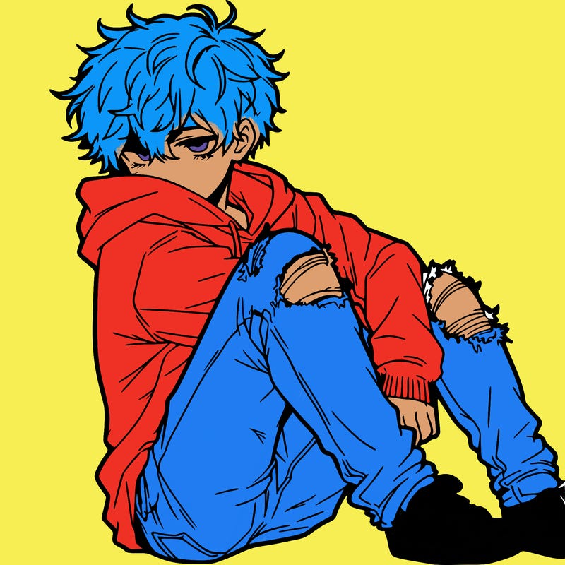 a male hoddie ripped jeans messy hair anime