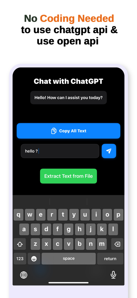 ai chat by api - APIによるAIチャットアプリのインターフェース。チャット画面とファイルテキスト抽出機能を表示。