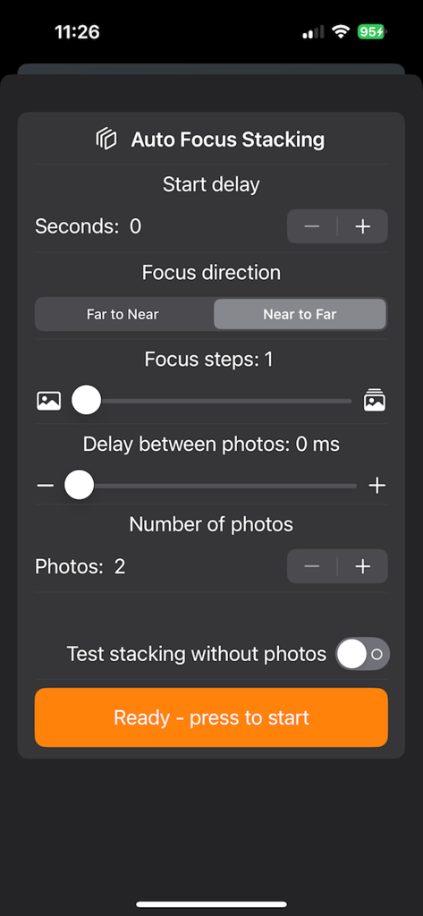 sMote - for Sony cameras - Interface of the sMote app showing auto focus stacking settings for Sony cameras