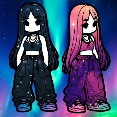 girl in baggy pants crop top and long hair