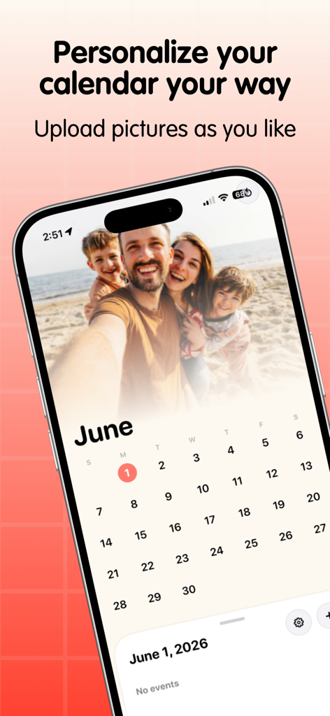 Frames: Photo Calendar App - An iPhone displaying the Frames app with a personalized June calendar featuring a family photo at the beach