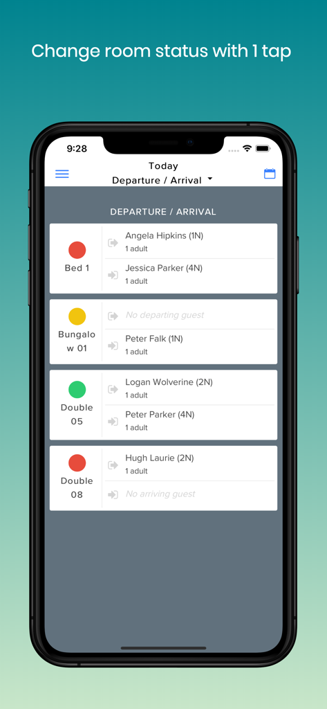 Housekeeping App - Dashboard mobile dell'App Housekeeping che mostra un elenco di camere d'albergo con il loro stato di pulizia attuale e dettagli di arrivo/partenza ospiti