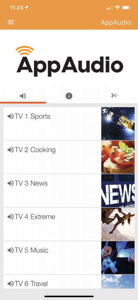 AppAudio - Aplicativo AppAudio exibindo uma lista de canais de áudio de TV, incluindo esportes e notícias