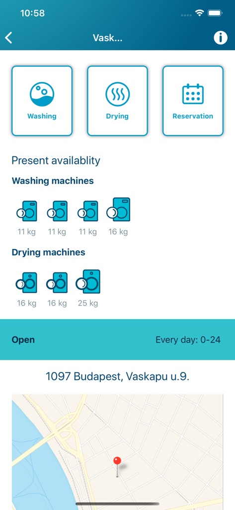 Bubbles Mosoda - Bubbles Mosoda App-Oberfläche, die die Verfügbarkeit von Waschmaschinen und eine Standortkarte in Budapest anzeigt.