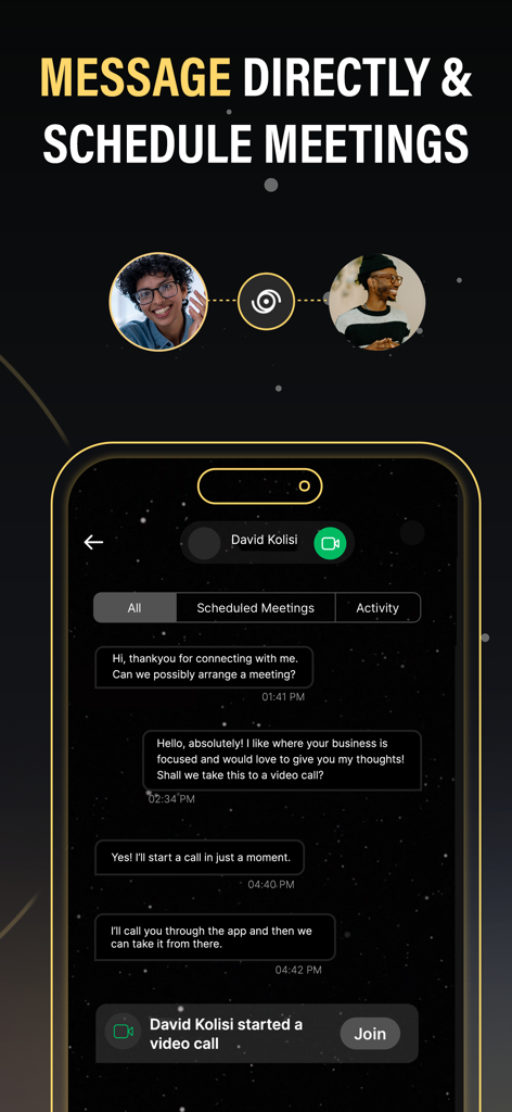 Sky's The Limit app interface for direct messaging and scheduling video meetings between entrepreneurs and mentors