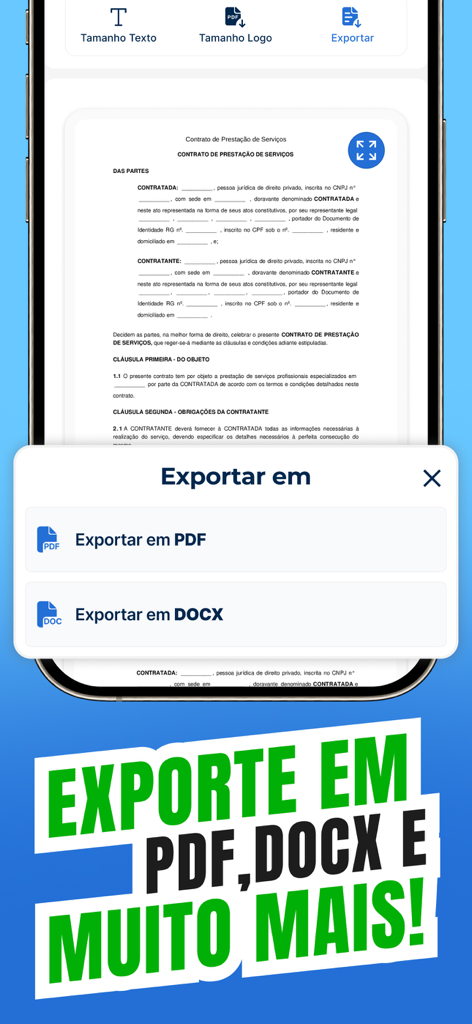 Interface of a contract generator app showing options to export a service agreement as PDF or DOCX