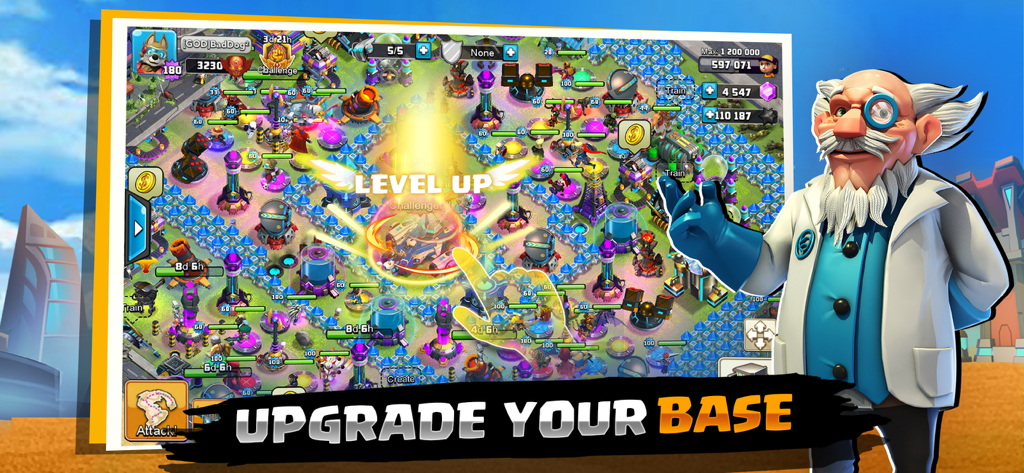 X-War: Clash of Zombies - Gameplay screenshot of X-War Clash of Zombies showing base building and level up notification with Doctor X
