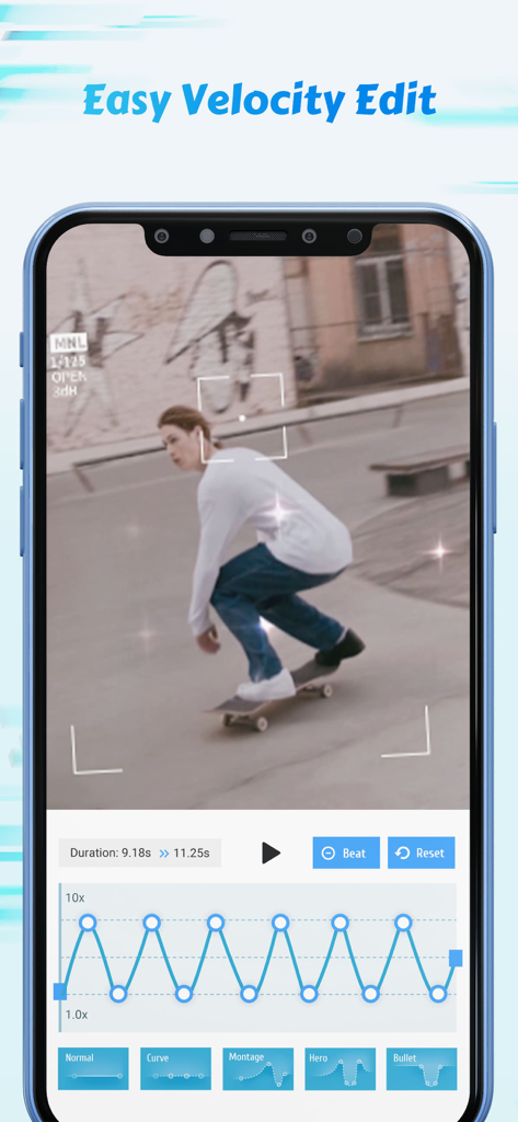 Time Cut: Smooth Slow Motion - Smartphone screen displaying the Time Cut app with a velocity speed curve editor and a video of a skateboarder.