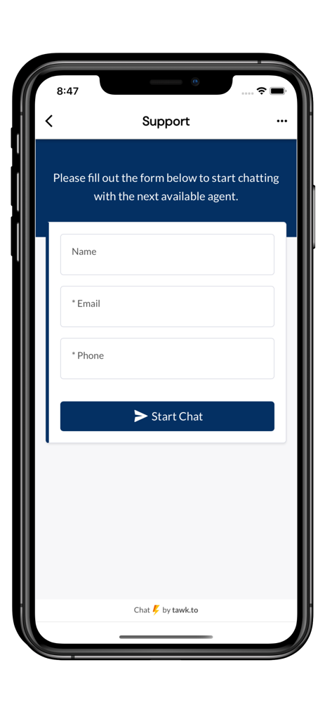 My PICZ - Support screen of My PICZ app featuring a contact form to start a chat with an agent.