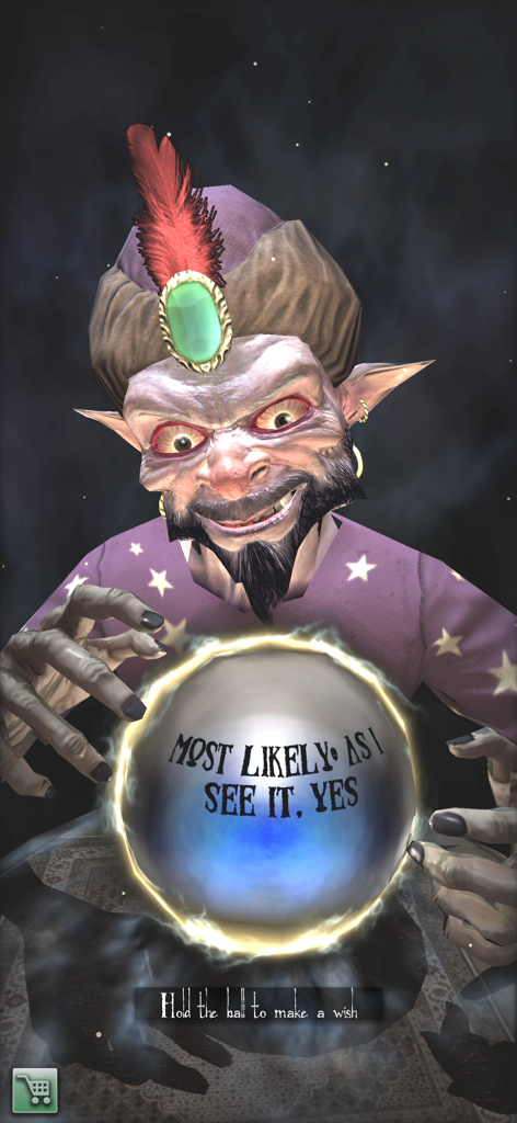 The Amazing Fortune Teller 3D - Un personaje Djinn en 3D mira una bola de cristal mostrando una profecía mística.