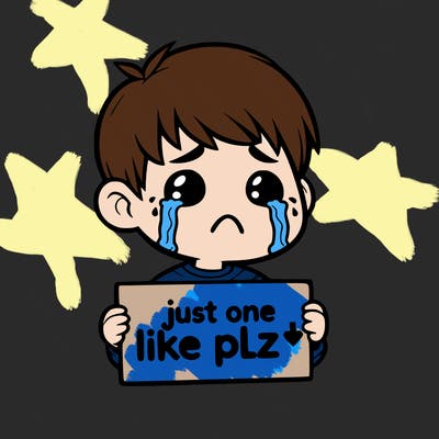 realistic crying boy with a sign saying just one like plz