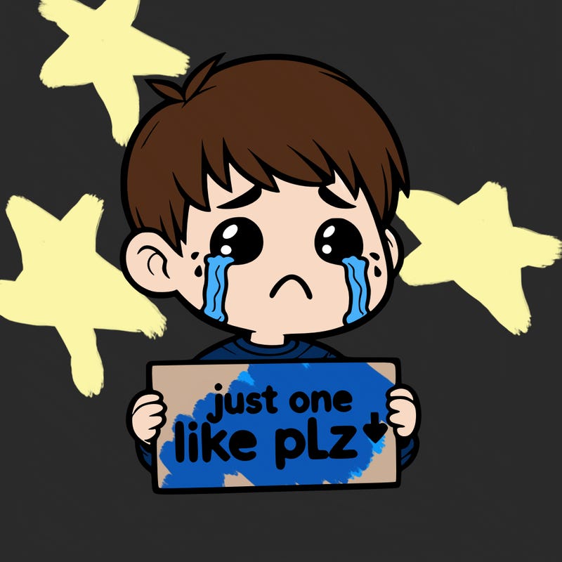 realistic crying boy with a sign saying just one like plz