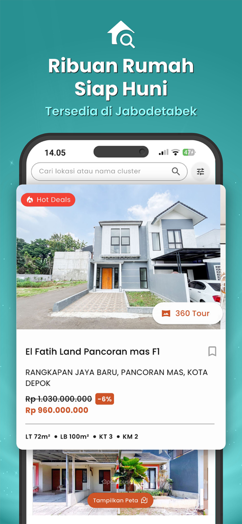 Pashouses: Rumah Siap Huni - Pashouses mobile app showing a move-in ready house listing in Jabodetabek Indonesia.