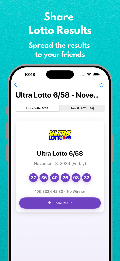 PCSO Lotto app screen showing Ultra Lotto 6/58 results and share button