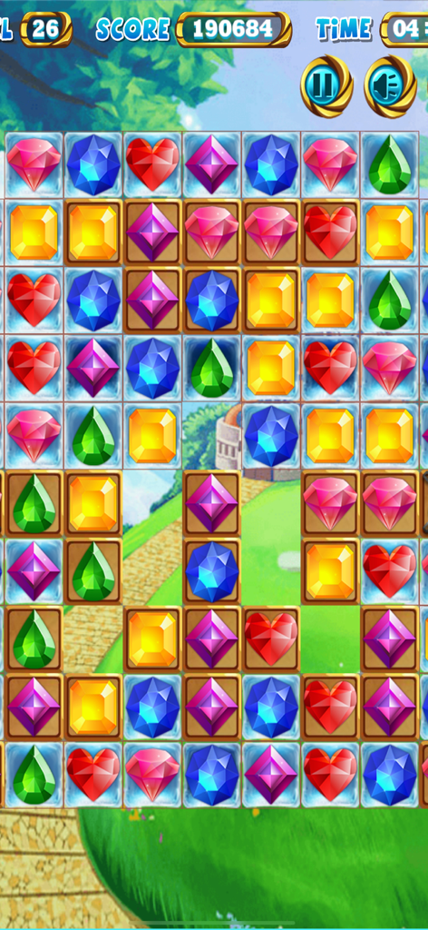 Jewel Poping Mania - Pantalla de juego de Jewel Poping Mania que muestra gemas coloridas en una cuadrícula de rompecabezas con bloques de hielo y un fondo soleado