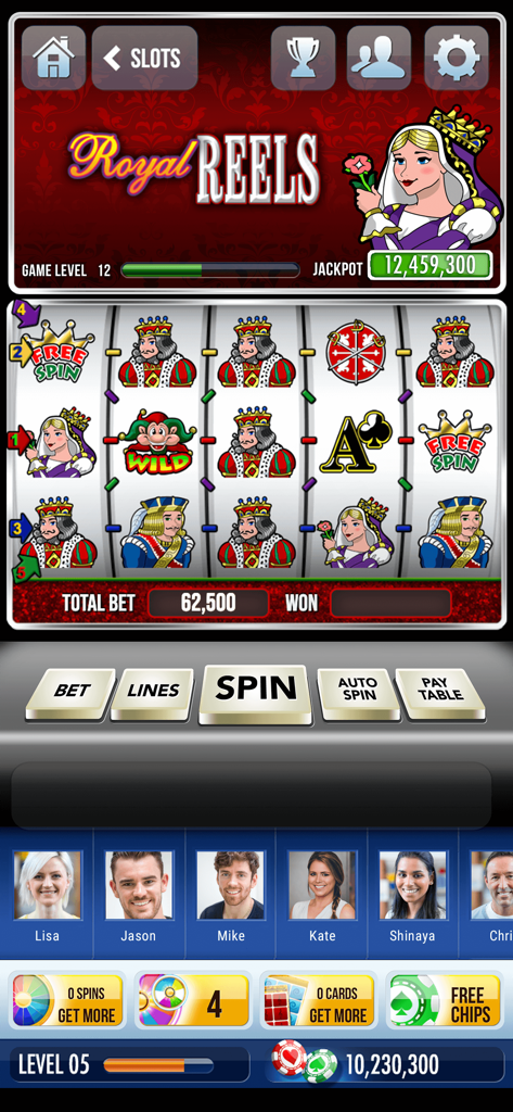 Lucky Play Casino Slots Games - Lucky Play Casino game screen showing Royal Reels slot machine and social player list