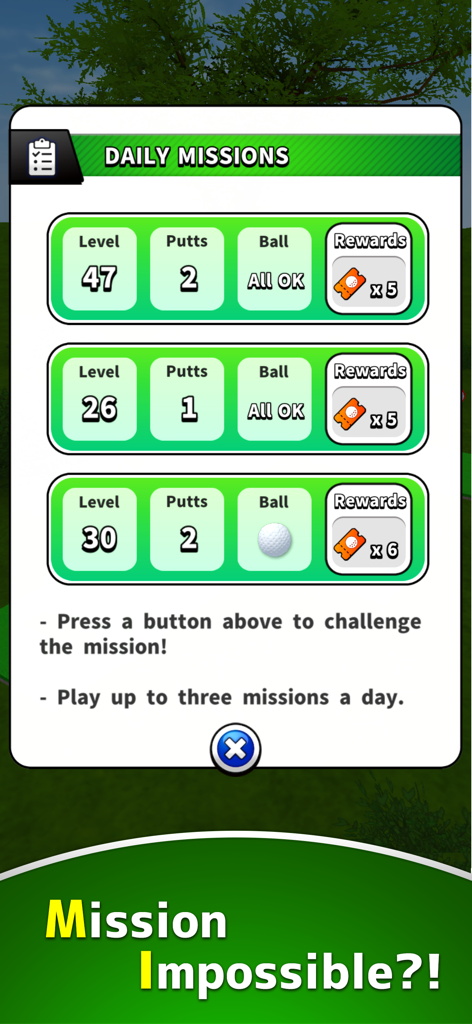 Daily missions menu showing levels and rewards in Mini Golf 1000