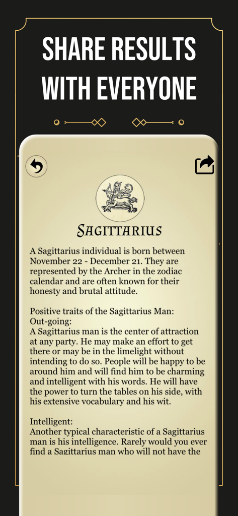 Sagittarius zodiac personality profile screen with options to share results in the Daily Horoscope app