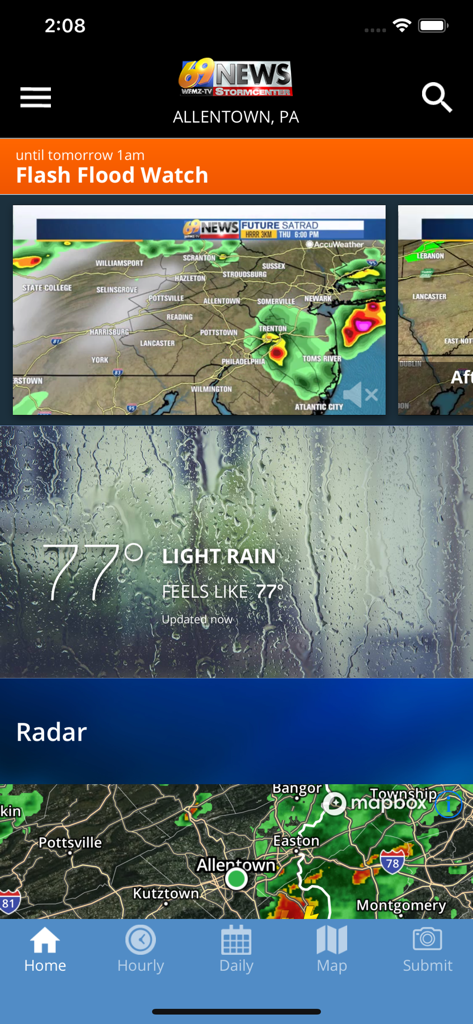 Interface do aplicativo 69News WX mostrando radar meteorológico e um alerta de inundação repentina para Allentown PA