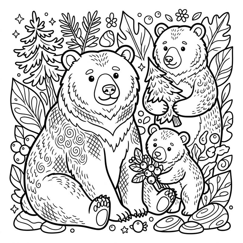 Discover the charm of our Kawaii Grizzly Bears coloring page, featuring a delightful bear family in an enchanting forest. This cute illustration is perfect for bringing a touch of woodland magic to your day.