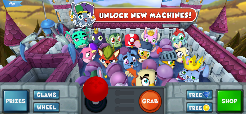 Prize Claw 2 mobile game showing a castle themed machine with colorful cute toy prizes