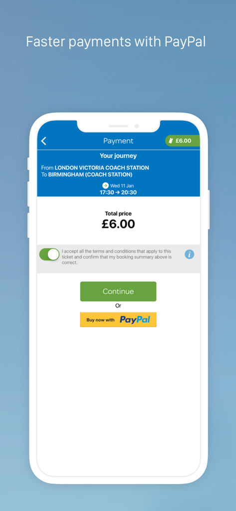 Page de paiement de l'application National Express Coach affichant une réservation de billet à six livres sterling de Londres à Birmingham avec un bouton PayPal